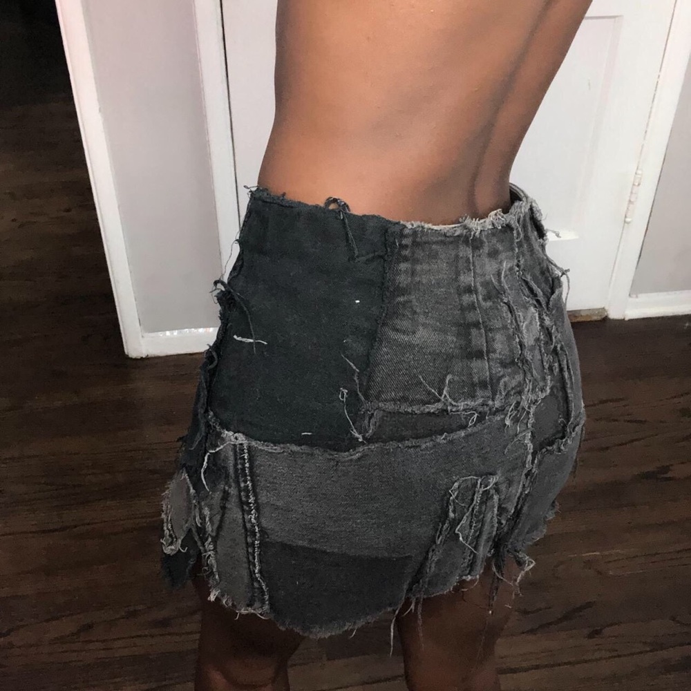 custom made denim distressed patchwork black mini skirt